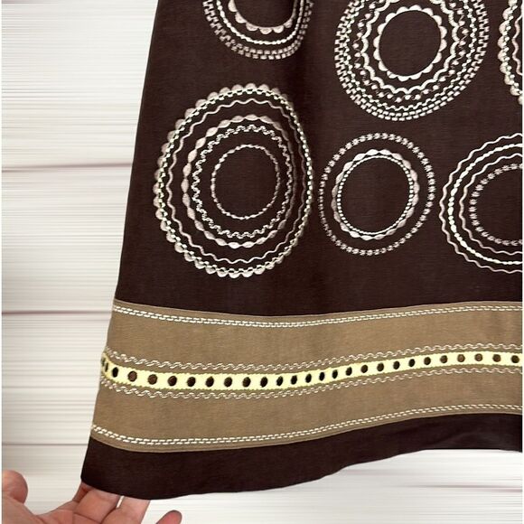 TALBOTS Vintage A-Line Chocolate Brown Linen Embroidered Knee Length Skirt US 8 - Picture 2 of 11